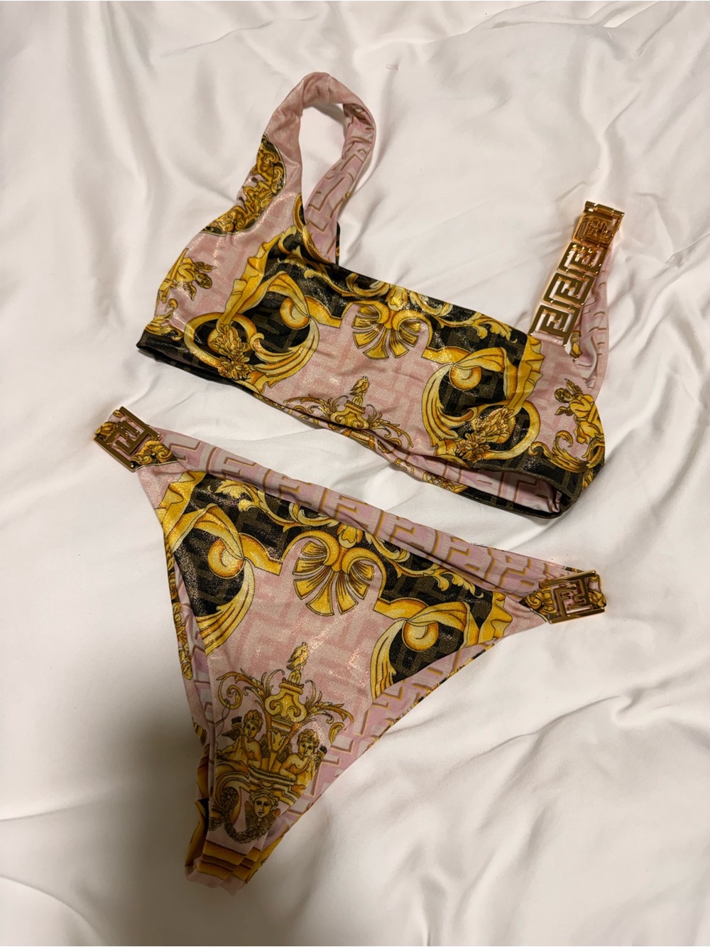 Fendi Pink & Gold Baroque Print Bikini Panty Set